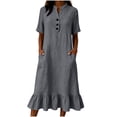 thumbnail image 2 of ClodeEU Women's Linen Blend V Neck Half Sleeve Dress with Ruffle Hem,Solid Color Casual Midi Dress with Pockets Dark Gray,Women's Plus XL, 2 of 8