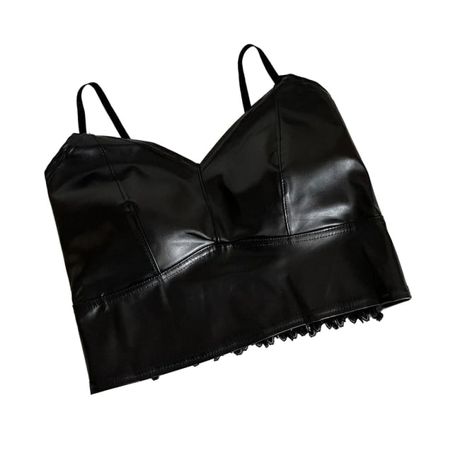Top de piel sintética para mujer, estilo motocicleta, tirantes finos, sin mangas, con hombros descubiertos, camisola con almohadillas para el pecho