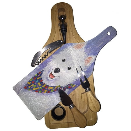 

KuzmarK Wine & Cheese Glass Cutting Board Wood Box Gift Set - American Eskimo Dog Eskie Art by Denise Every
