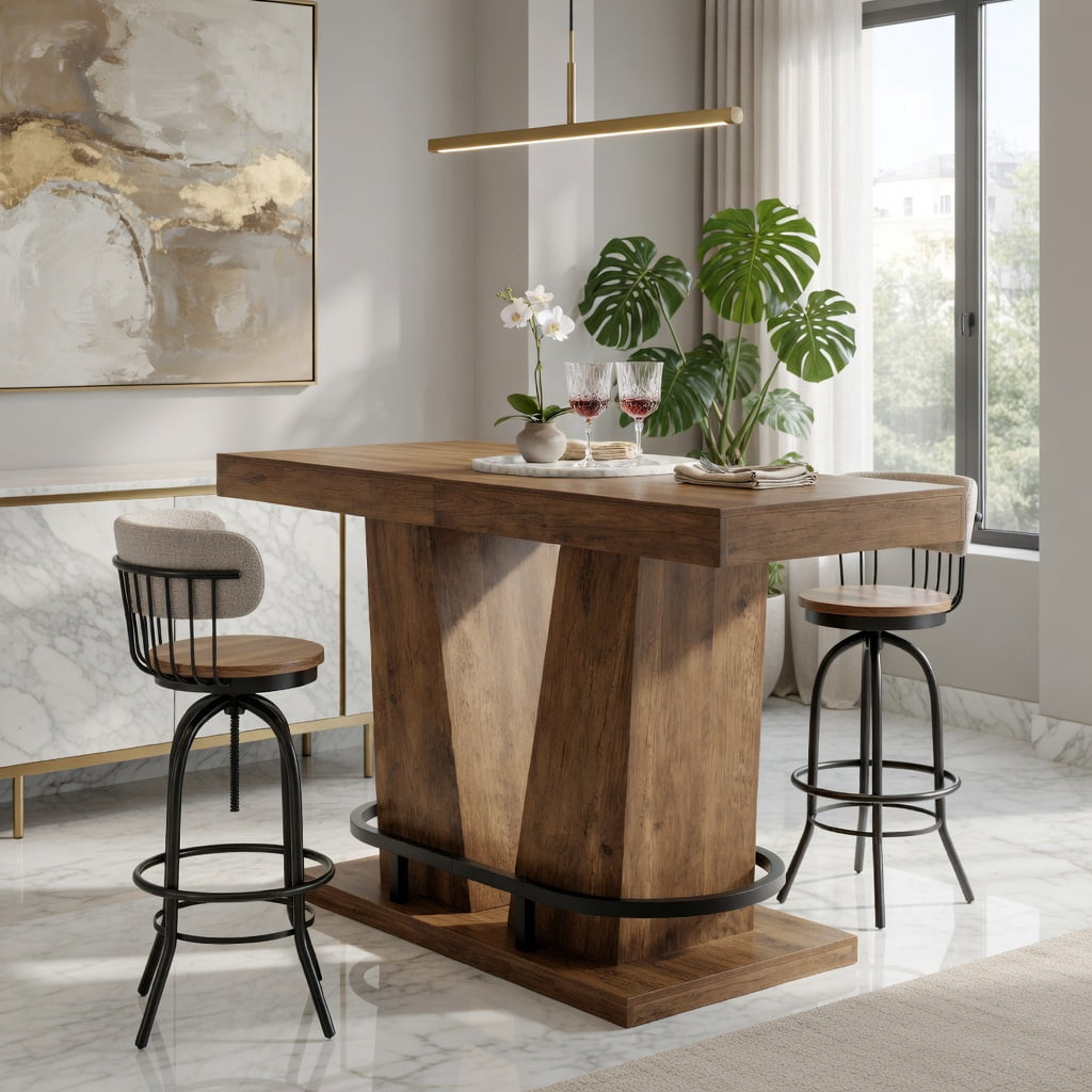 Hommoo 63-inch Rectangle Counter Height Bar Table for 4-6 People, Industrial Wood Grain & Metal Pub Table with Footrest, Sturdy Kitchen Island or Dining Table, Brown