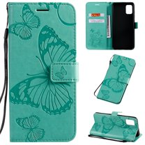 Samsung Galaxy A71 (4G) Case, Dteck Embossed Butterfly Magnetic Flip PU Leather Wallet Case Stand Protective Cover with Hand Strap [Built-in credit card slots/money pocket],Green Butterfly