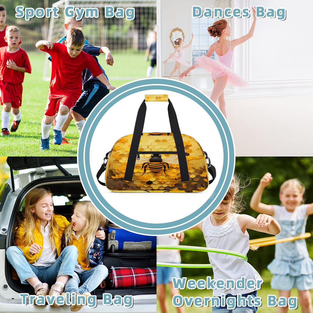 Herdesigns Honeycomb Sports Duffle Bag for Women & Men, Bee Gym Bag Dance Bag Overnight Bag Carry On Weekender Travel Bag