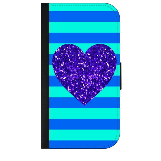 Purple Faux Glitter Heart on Stripes - Galaxy s10p Case - Galaxy s10 Plus Case - Galaxy s10 Plus Wallet Case - s10 Plus Case Wallet - Galaxy s10 Plus Case Wallet - s10 Plus Case Flip Cover