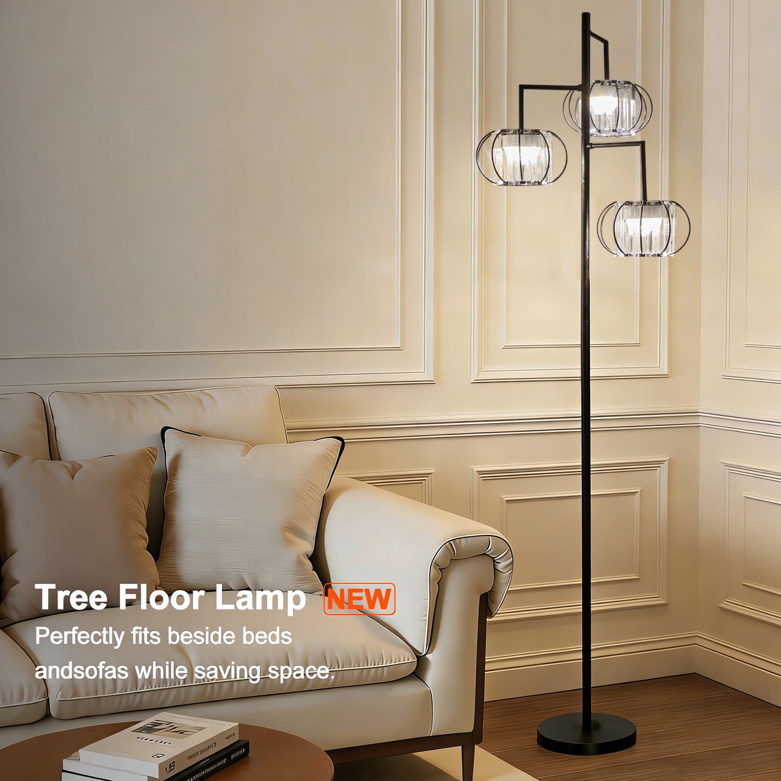 Modern 3-Light Crystal Floor Lamp with RGB Rechargeable Bulbs, Remote Control, Dimmable Ambient Standing Lamp for Living Room Bedroom Decor