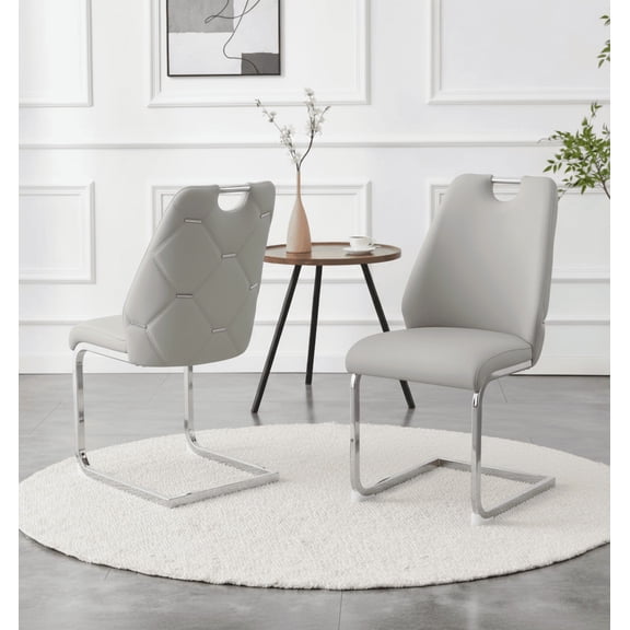 Pinovk Dining Chairs Set of 2, Light Gray Faux Leather Kitchen Chairs with Gold Mesh Texture, Silver Back Ring and Chrome Pull Handle, High Back Upholstered Dining Room Chair (Light Gray, Set of 2)