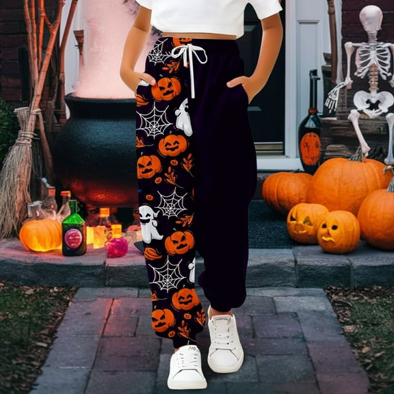 XQYLOS Girls Halloween Sweatpants - Pumpkin Ghos𝗍 Print 𝖣rawstring Baggy High Waisted Elastic Long Bottom for Kids 3-14Y