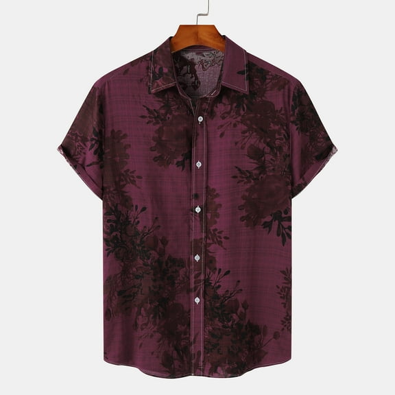 Vivianyo HD Men's Casual Solid Short Sleeve Hawaii Button Down Shirt Men Casual Fashion Turndown Collar Printing Short Sleeve Button Shirt Tops Blouse