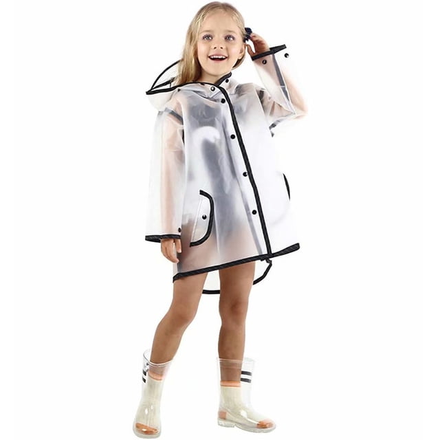 Kids Transparent Button Raincoat, Boys Girls Hooded Rain Jacket, Lightweight Rain Wear