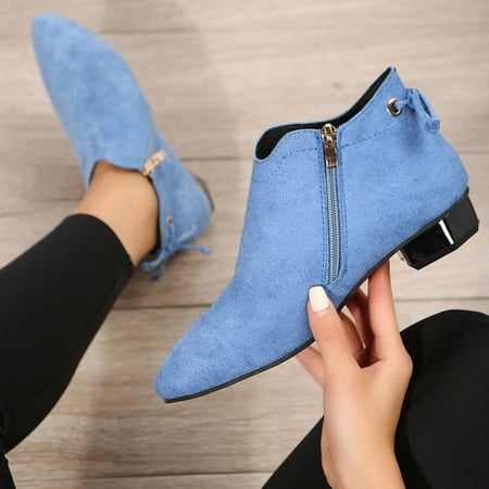 

Cathalem Flat Booties Women Boots Fashion Women Flock Solid Color Autumn Thick Sole Square Heels Zipper Short Toe Boots for Women Blue 6.5