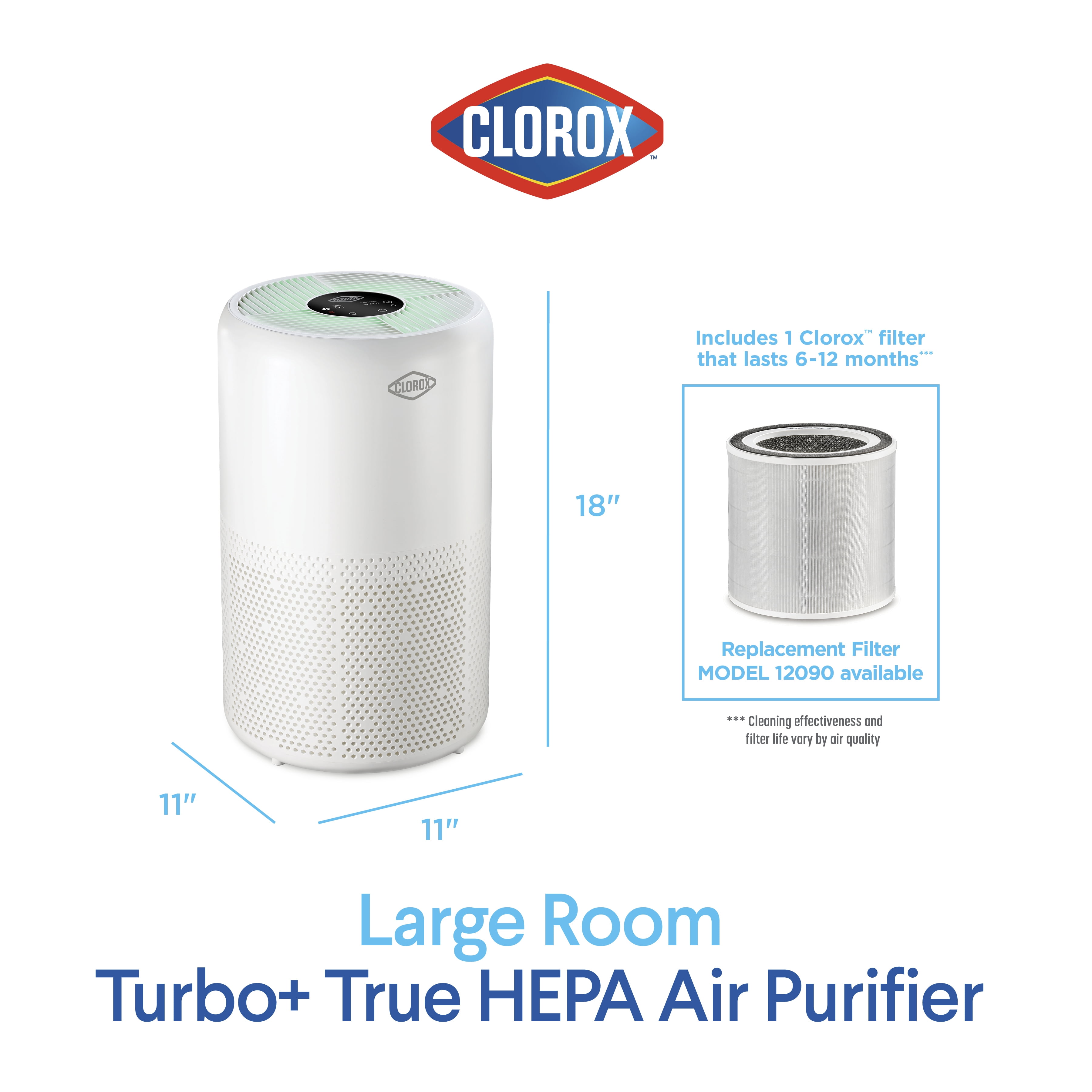 Clorox Large Room Turbo+ True HEPA Air Purifier, Auto Mode, up to 1,650 Sq. Ft. Capacity