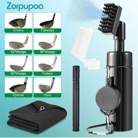 Zorpupoa 3 In 1 Golf Club Cleaning Kit Golf Club Cleaner Brush with 5Oz Water Bottle Retractable Clip Groove Sharpener Golf Towel Gift for Golfers