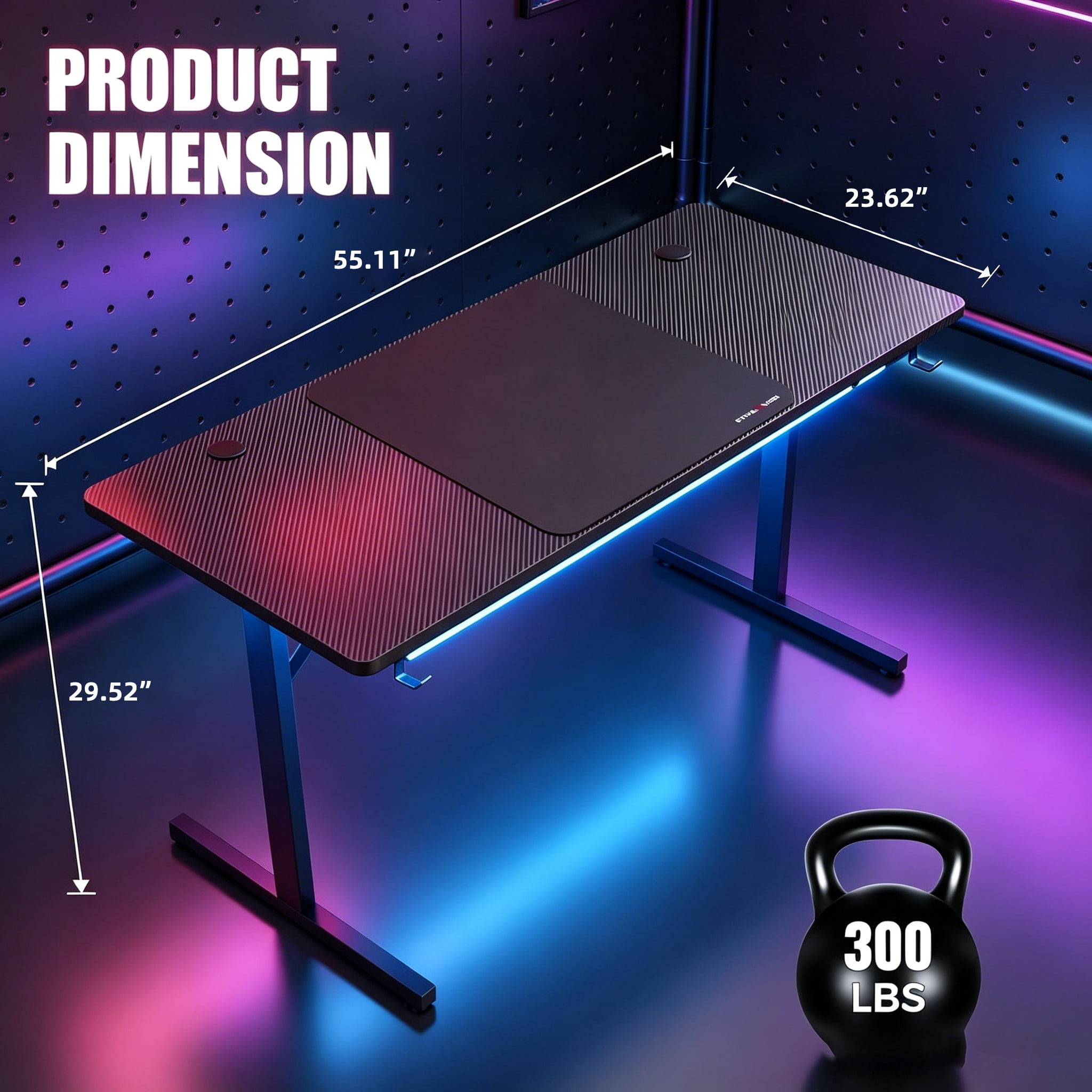 COMHOMA 55" Gaming Desk with Smart APP & Remote RGB Lights, Carbon Fiber Surface Computer Table with Full Mouse Pad & Headphone Hook, Black