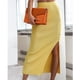 thumbnail image 2 of Falda midi ajustada dividida Cintura alta Decoración de botones Lado dividido Tejido de punto elástico Falda midi ajustada Amarillo claro L, 2 of 6