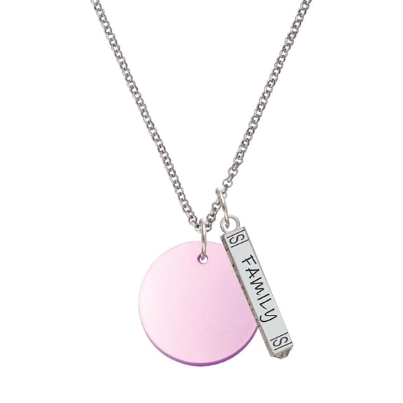 Delight Jewelry Acrylic 1" Disc Light Purple Imitation Pearl Silvertone Family Bar Charm Necklace, 23"