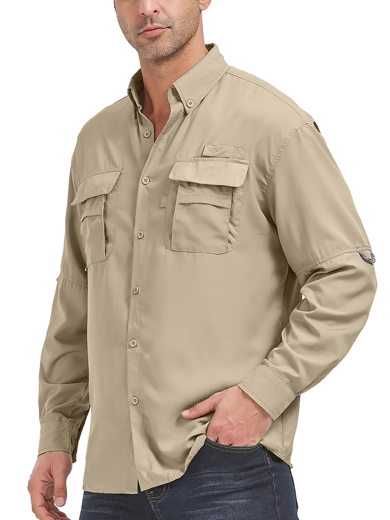 POENTAB Long Sleeve Fishing Shirts for Men Quick Dry Hiking Work Shirt Sun Protection UV UPF 50 Button Down Tops With Mesh Line Outdoor Safari