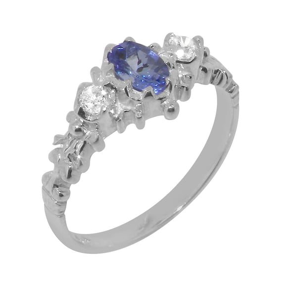 LBG British Made 18k White Gold Ring with Natural Tanzanite & Diamond Womens Anniversary Ring - 33 size options - Size 4