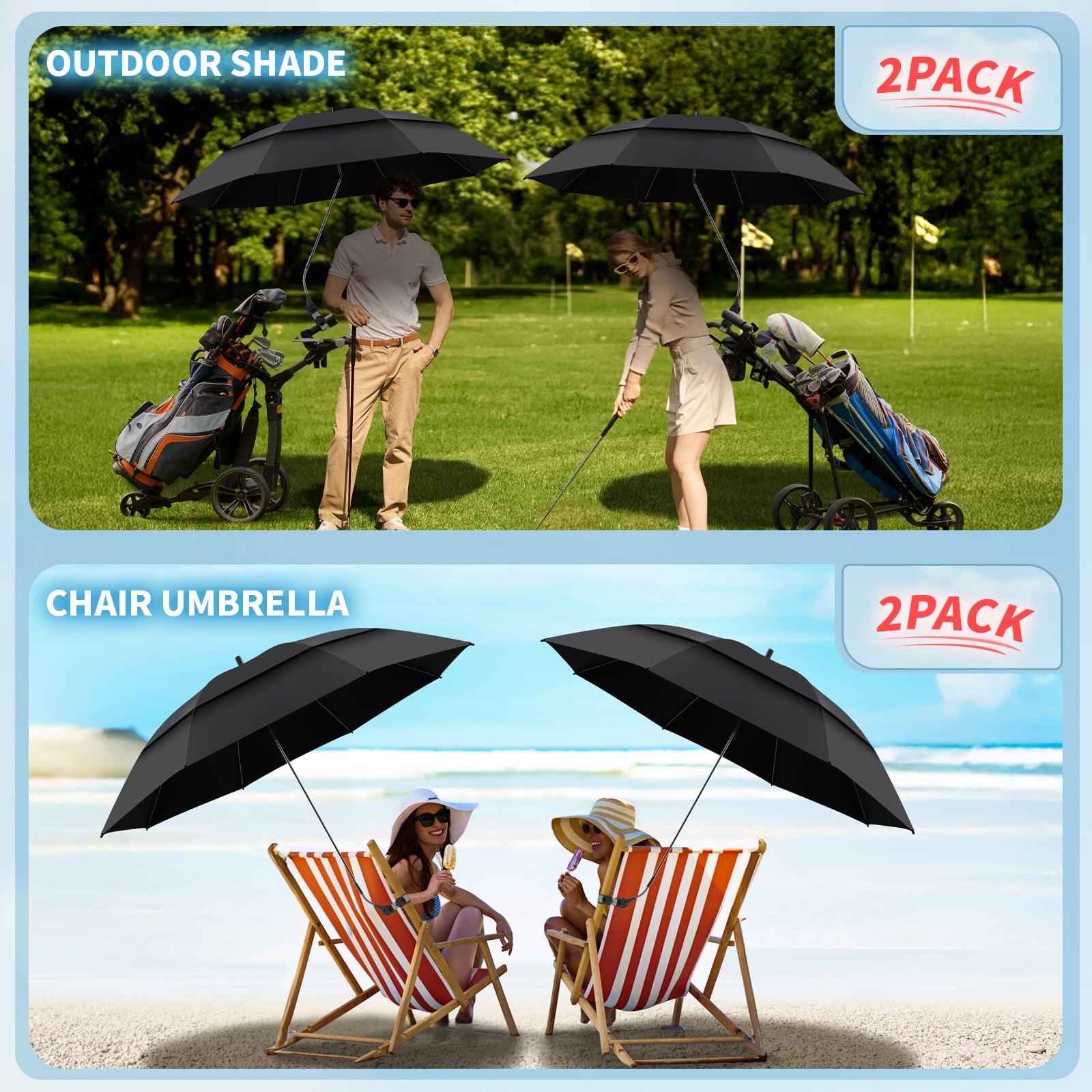 2 Pack 48.6" Double Canopy Umbrella with Clamp, UPF50+ Beach Chair Umbrella with clip, 360°Adjustable Portable Outdoor Wheelchair, Patio, Golf Carts,Camping(Black, Not Include Chair)
