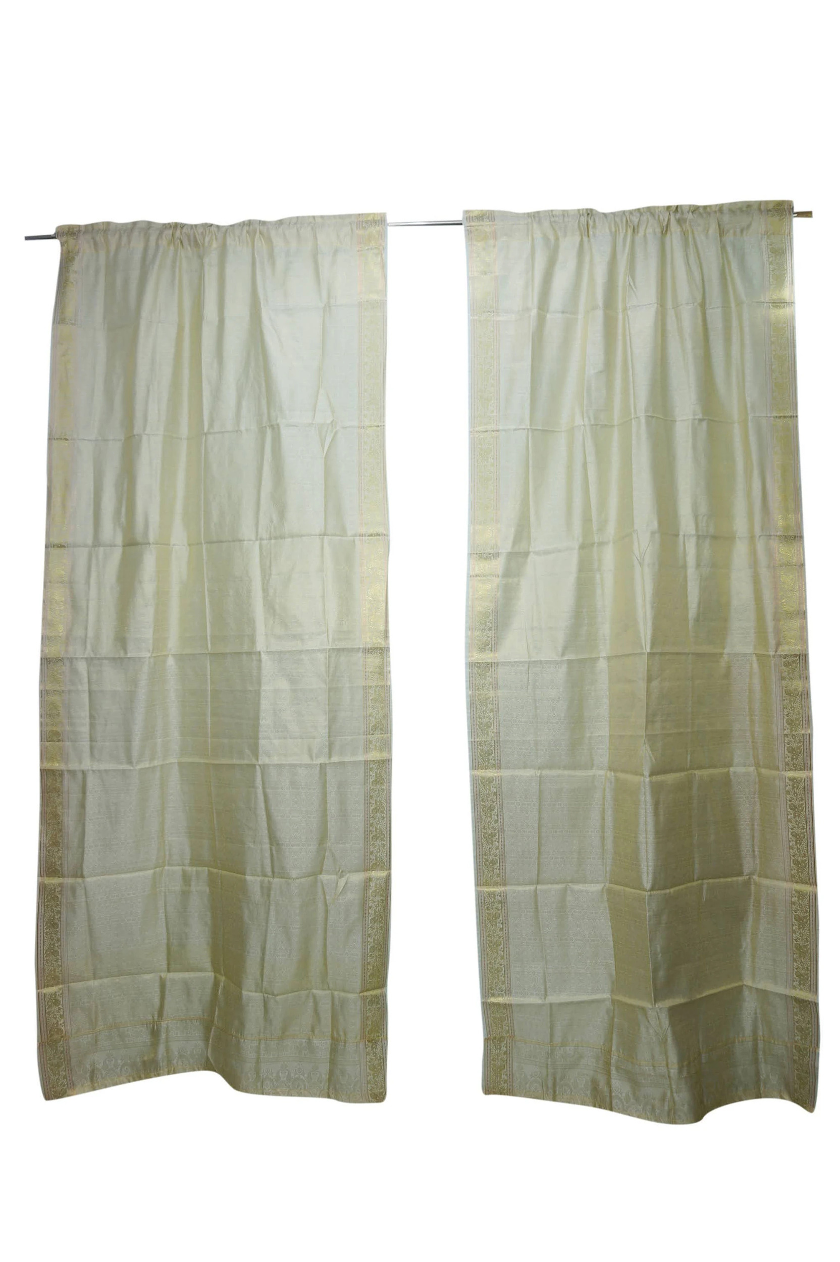 2 Curtain White Golden Sari Drape Panel Brocade Border