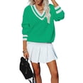 thumbnail image 4 of Women'S Casual V Neck Long Sleeve Sweater Trendy Striped Pullover Cable Knit Preppy Sweaters Green XXL, 4 of 10