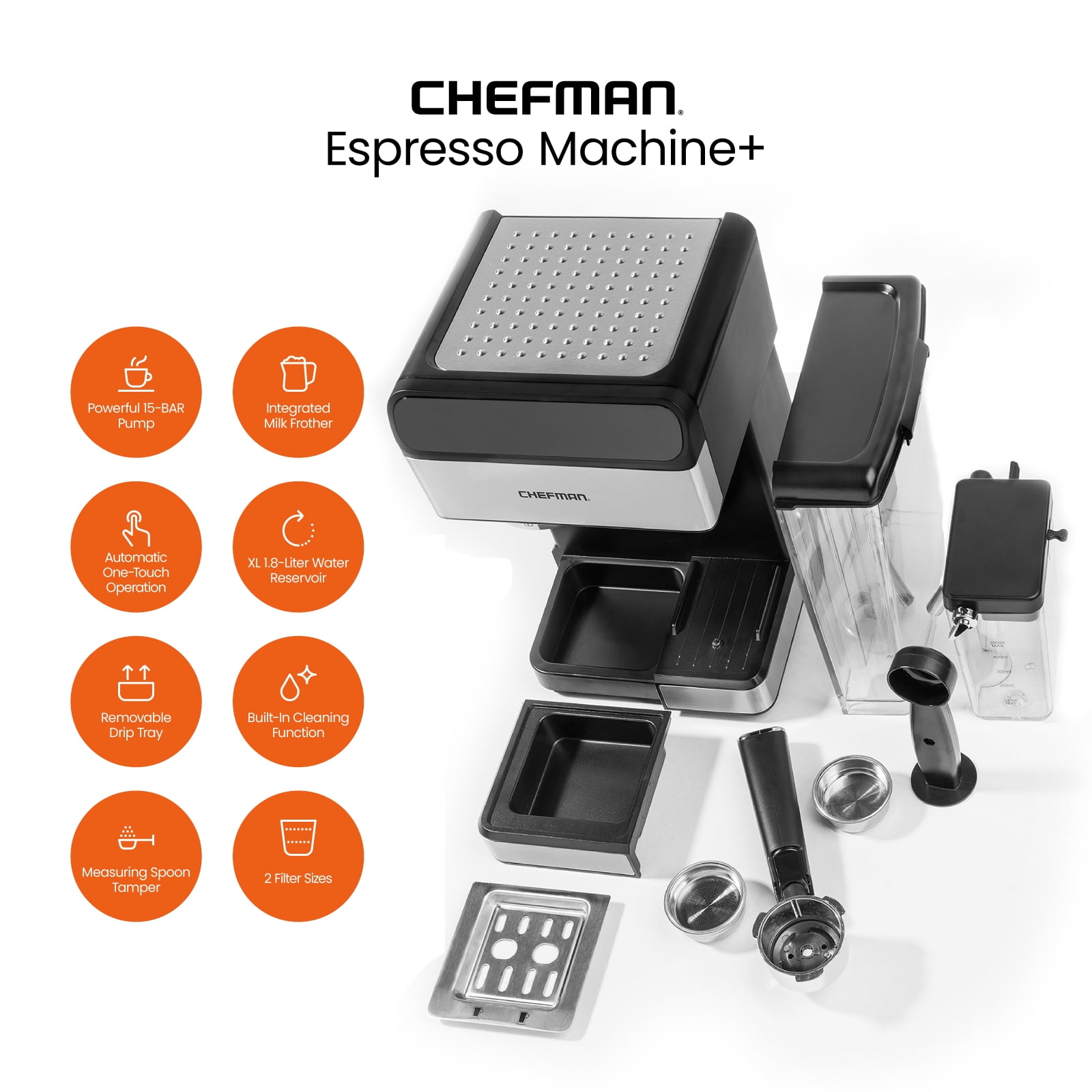 Chefman Digital Espresso Machine with Milk Frother, 15 Bar, Silver Stainless Steel, New