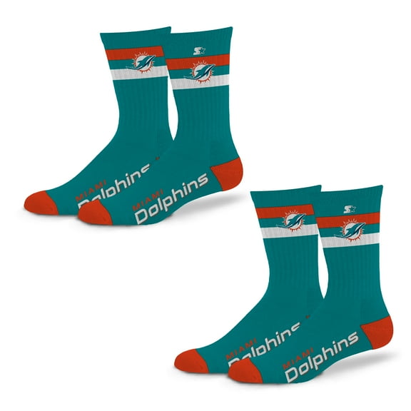 Unisex Starter Miami Dolphins Team Color 2-Stripe 2-Pack Crew Socks Set