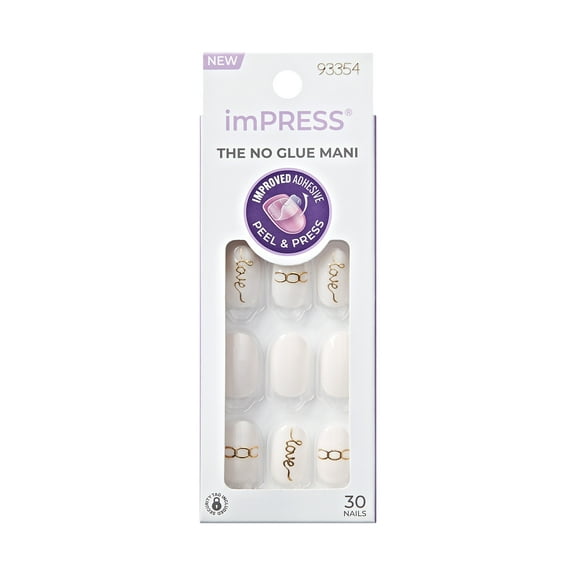 KISS imPRESS No Glue Needed Press On Nails, Design, Cupid Heart, White, Short Oval, 30 Count
