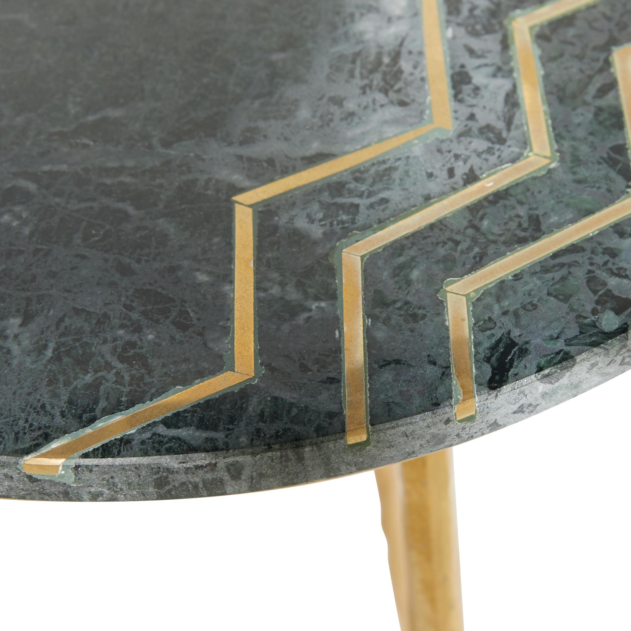 DecMode 16" x 20" Green Marble Accent Table with Gold Metal Tripod Legs and Zig-Zag Detail, 1-Piece