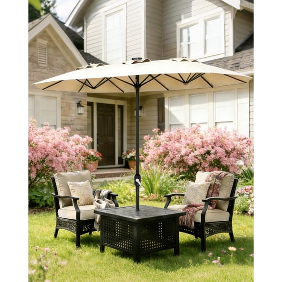 13Ft Large Patio Umbrella with Base Included, Double-Sided Rectangle Market Umbrella with Cross Base and Sandbag for Pool Lawn Garden (Beige)