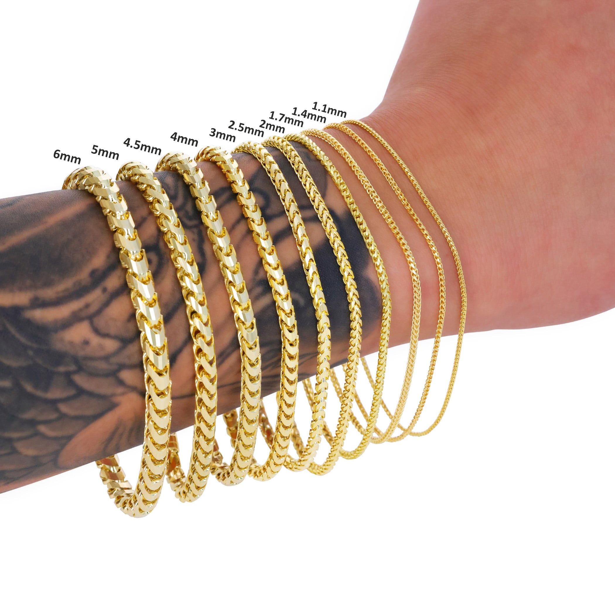 Nuragold 14K Real Yellow Gold Solid Franco Diamond Cut Chain Bracelet 7"-9" (1.1mm-6mm) Italian Jewelry for Men & Women