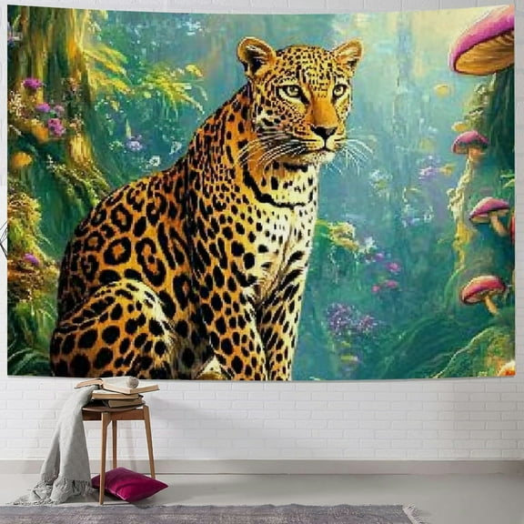 Autua Fantasy Forest, Black Light, Cheetah, Jungle, Nature, Tree, Rainforest, Hippie, Bohemian, Mushroom, Leopard, Wall, Tapestry, Bedroom, Living Room 40x30inch
