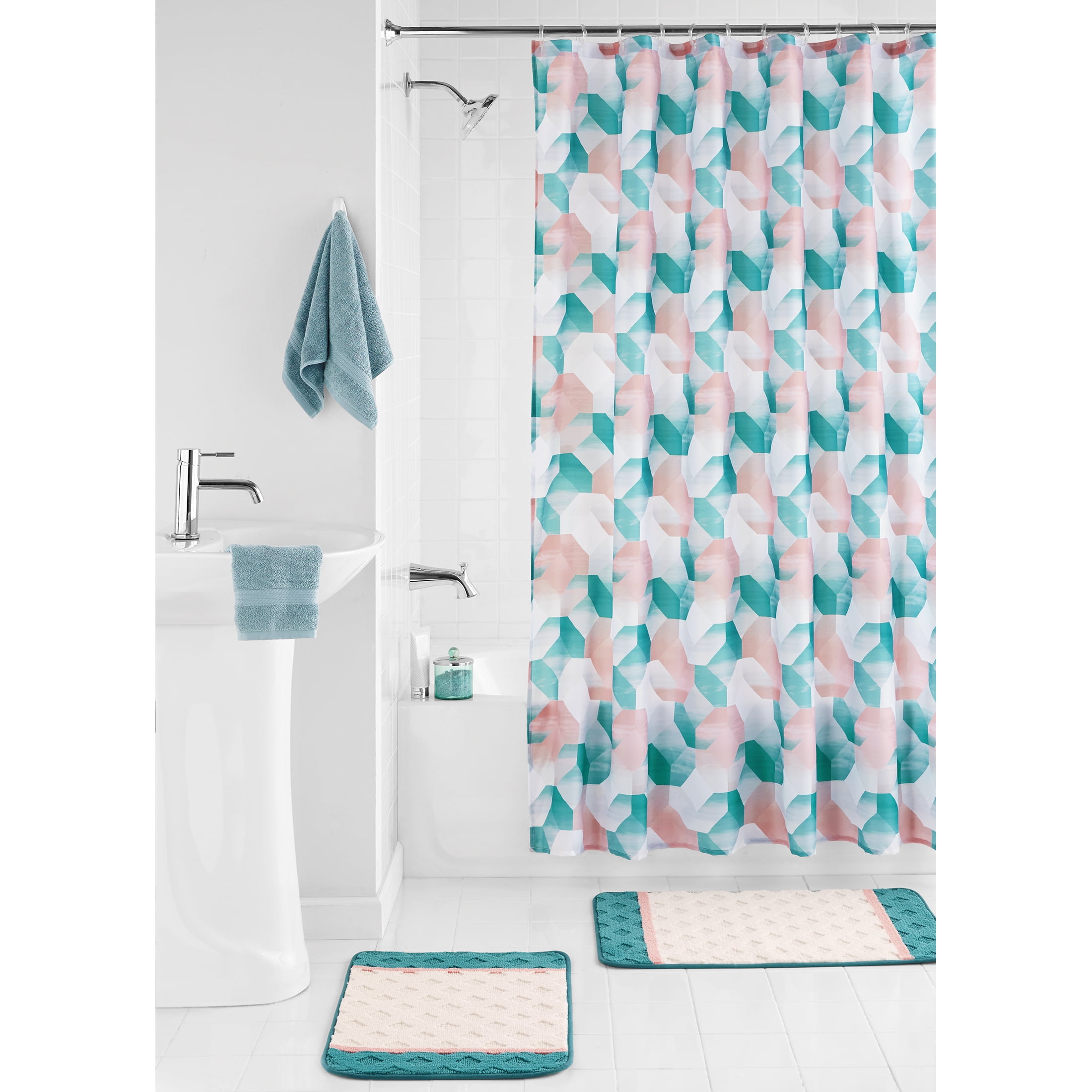 Mainstays Gage 15-Piece Geometric Polyester Shower Curtain Set, Multicolor