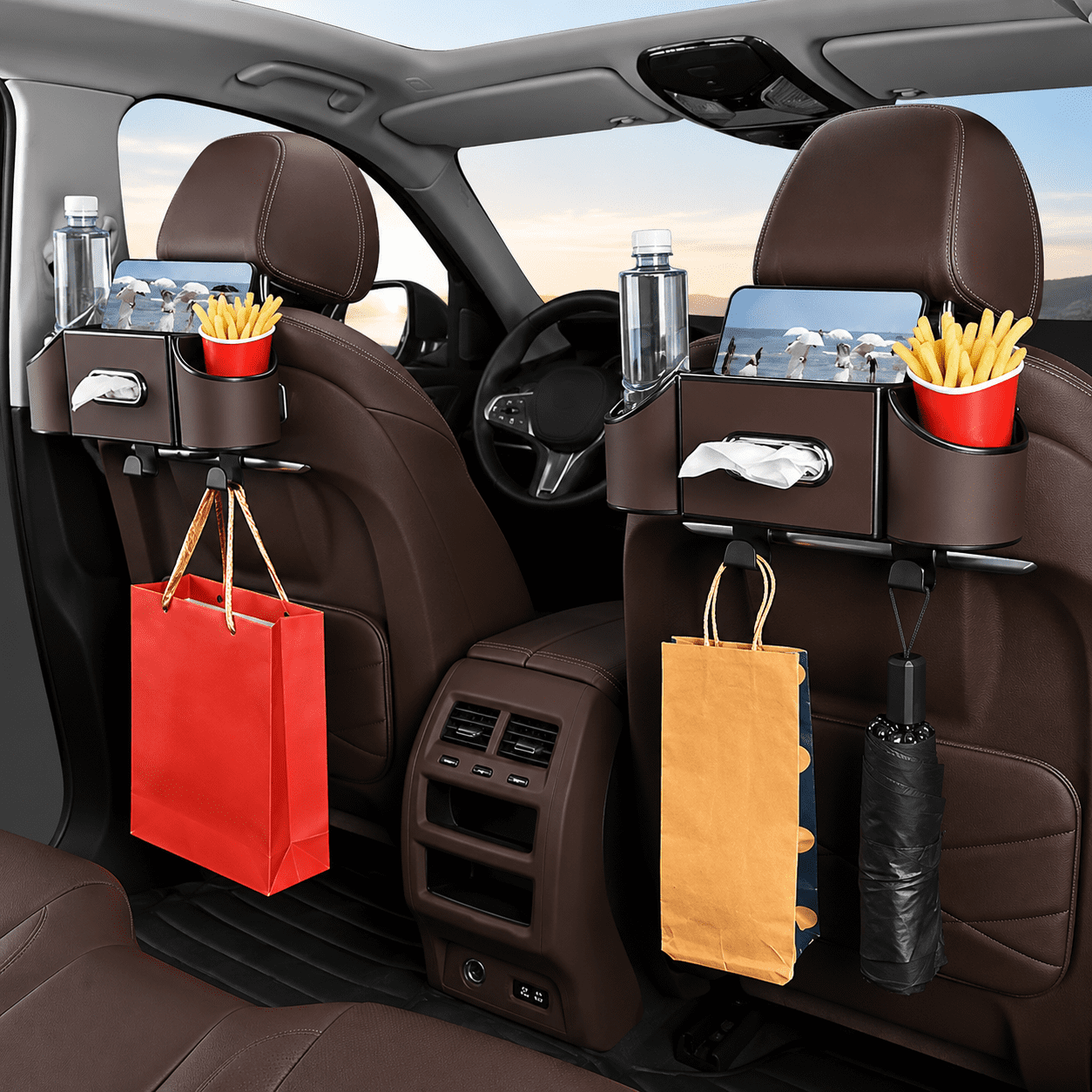 4-in-1 Back Seat Car Organizer with Multi-Pocket Storage & Cup Holders, Universal Fit Backseat Organizer for Travel & Daily Use, BROWN