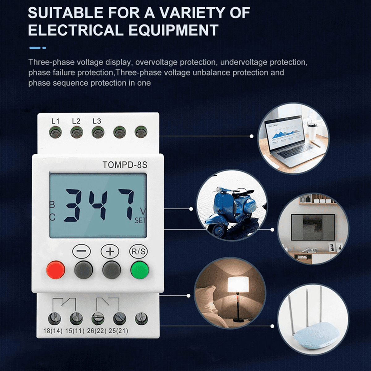 5X 3 Phase Din Rail Adjustable Under Over Voltage Protector Voltage Monitoring Sequence Protection Relay