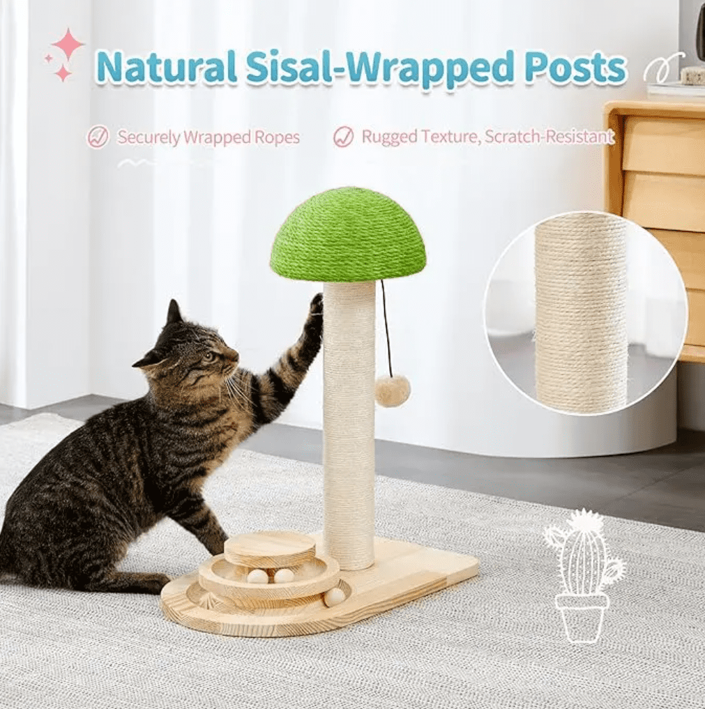Cat Scratching Post, Mushroom Cat Scratcher with Sisal Ropes, Interactive Track Ball Toy, 2-in-1 Wood Scratch cattree