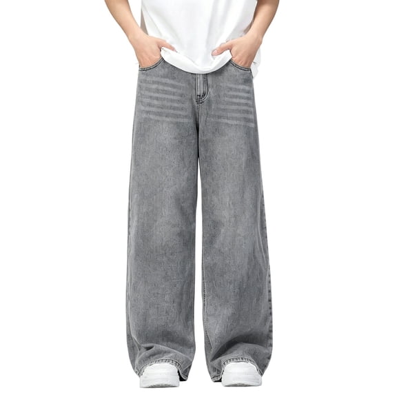 UACY Boys Baggy Jeans Teen Y2K Straight Wide Leg Denim Pants Vintage Casual High Waisted Loose Trousers (Grey, 12-13 Years)