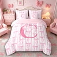 thumbnail image 3 of Meiyoeat Sweet Bow Letter C Twin Bedding Sets 7-Piece for Girls Toddlers, Lovely Stripe Bedding Comforter Set, Light Pink White,Pink Reversible, 3 of 6
