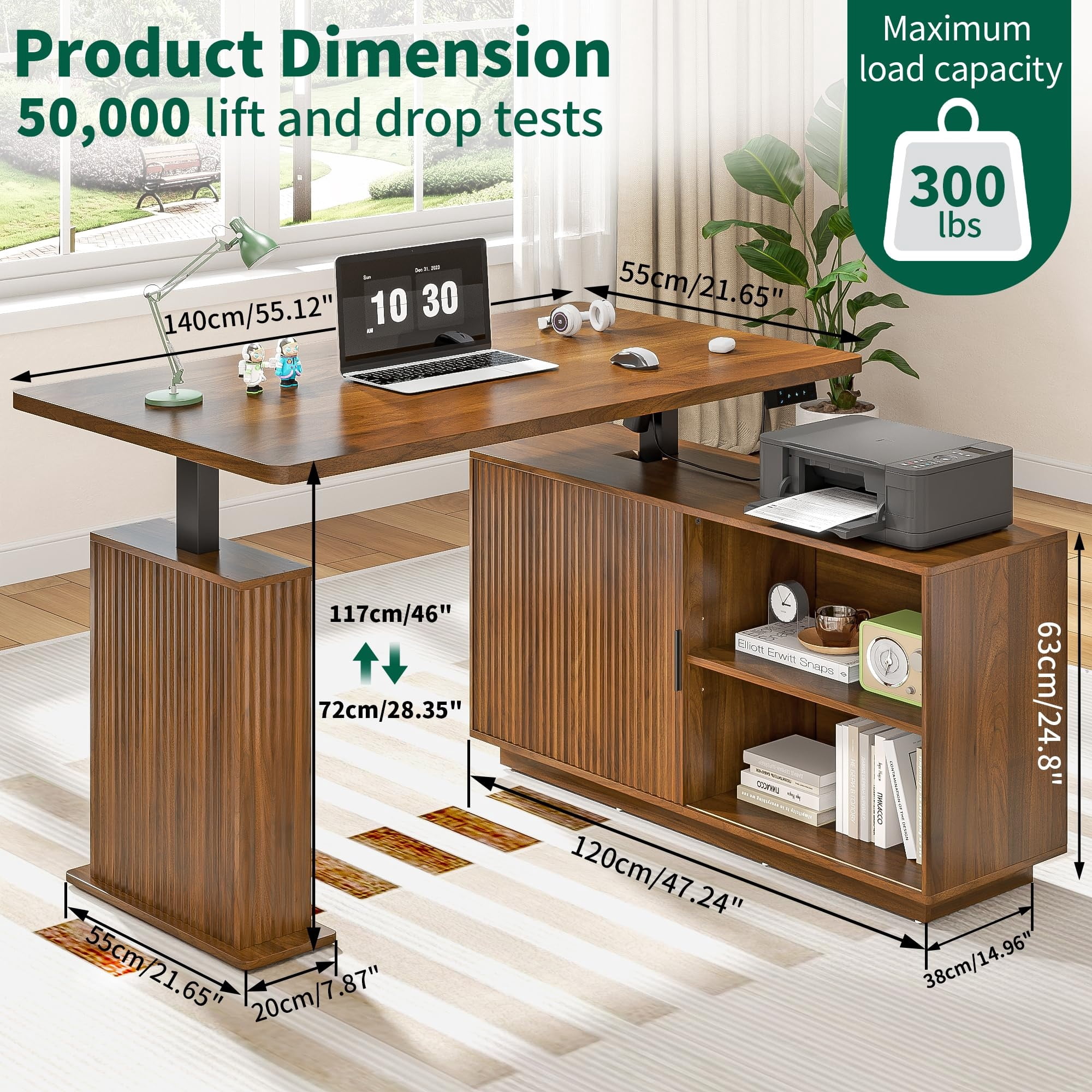 Electric L Shaped Standing Desk with Storage, 55" Mid Century Adjustable Height Sit Stand Desk