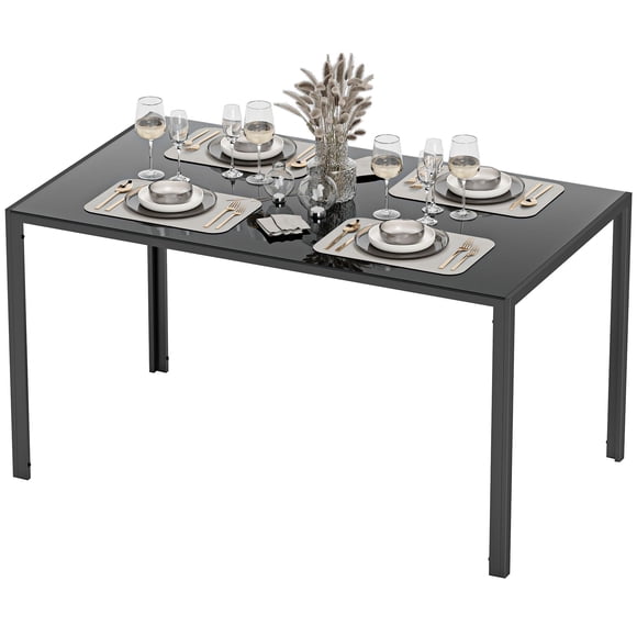 Modern Rectangular Dining Table for 4 People, 55" Black Tempered Glass Top with Powder-Coated Steel Legs, Contemporary Kitchen Table for Dining Room and Living Room, 140x80x75 cm