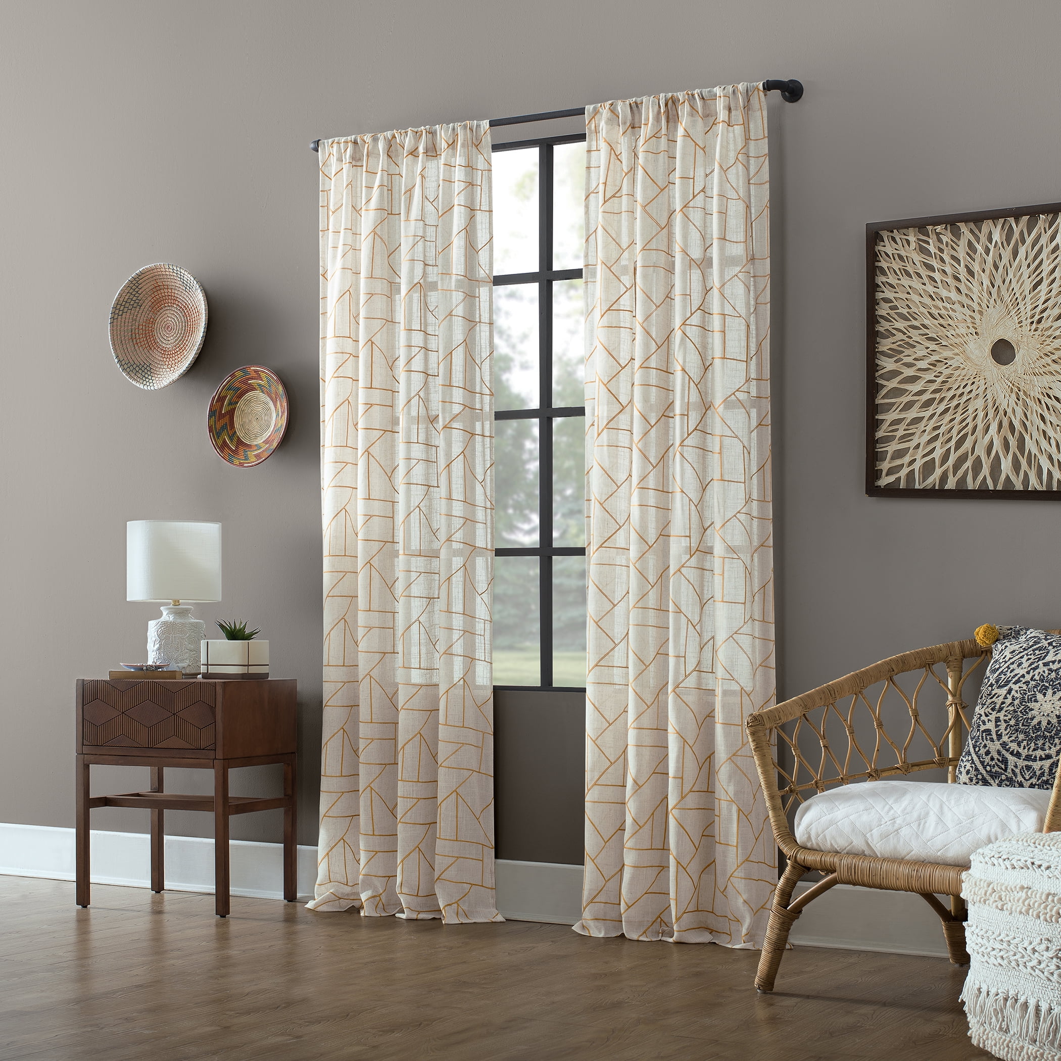 Archaeo Jigsaw Embroidery Linen Blend Curtain, 50"x95", Gold/Linen