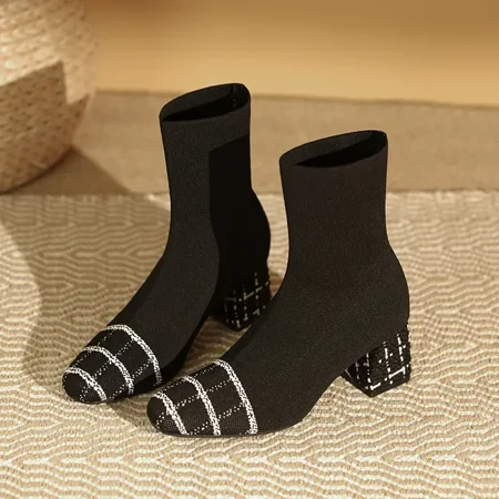 

Women‘s Ankle Stretch Boots Colorblock Chunky Heel Slip On Shoes Square Toe Footwear