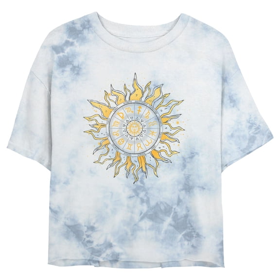 Junior's Lost Gods Astrology Sun Wheel Crop Graphic Tee White/Blue Medium