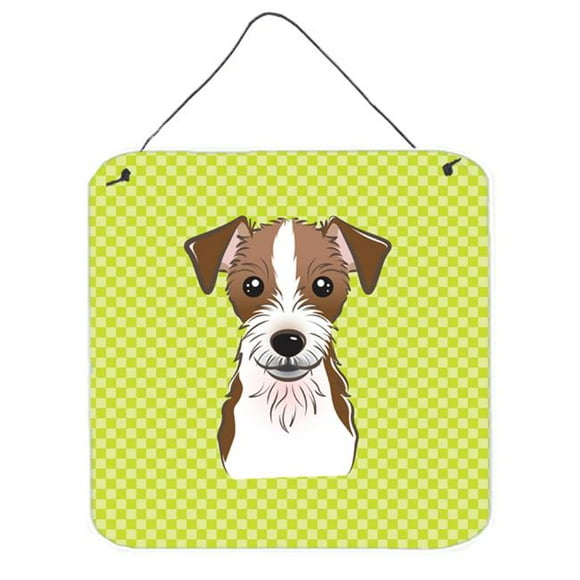 Damier Vert Lime Jack Russell Terrier Impressions Murales Ou de Porte en Métal Aluminium, 6 x 6 Po.