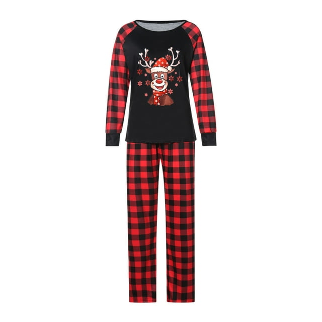 Wangsaura Pyjamas Assortis pour la Famille, Hauts de Renne Dessin Animé + Pantalons à Carreaux