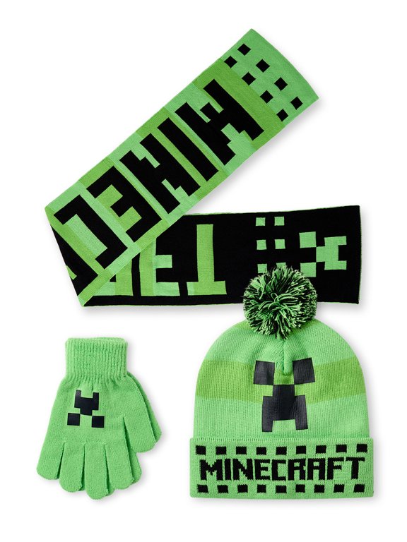 Creeper Face Boys Green Beanie , Gloves and Scarf Set | One Size | Made by Vanilla Underground