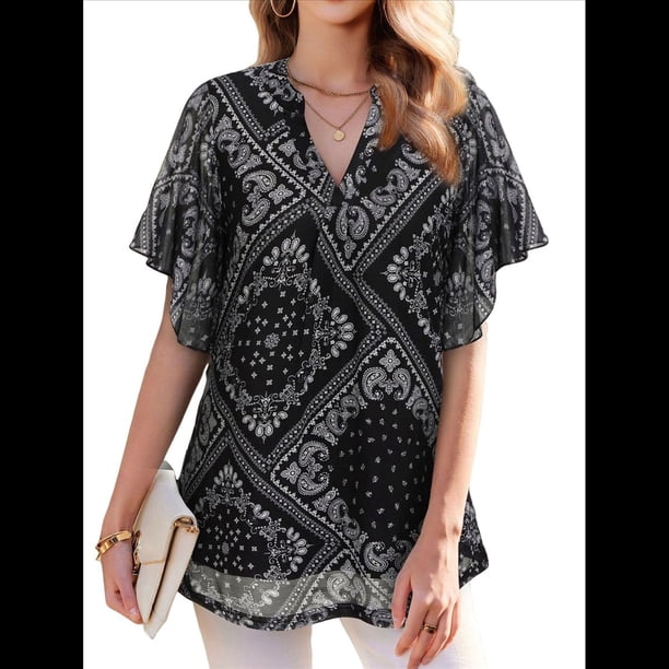 Blusas de Corta con Cuello en V para Mujer, Blusas Florales de Doble Capa de , Túnicas, Tops Estampado Étnico XXL