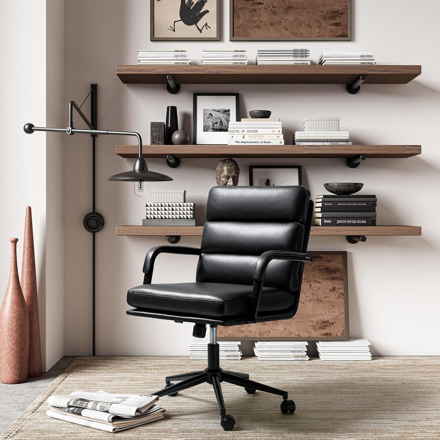 Faux Leather Home Office Chair, Swivel Task Desk Chair with Padded Cushion, Black
