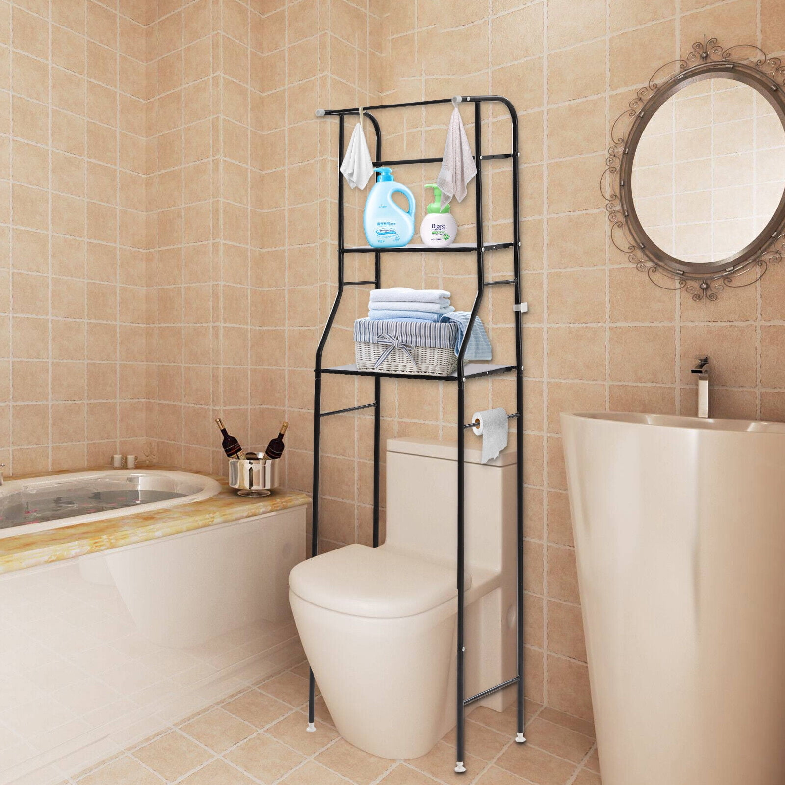 4-Tier Over The Toilet Storage Rack, Freestanding Bathroom Over Toilet Shelf Organizer Rack 63.2in Black