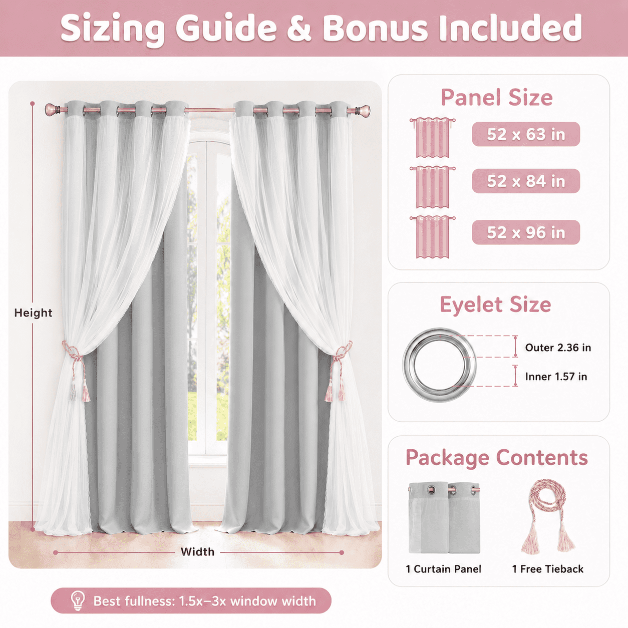 Lapalife Blackout Double Layer Curtains 63inches with Sheer Thermal Insulated Grommet Window Panel for Nursery Bedroom Living Room, 1 Panel