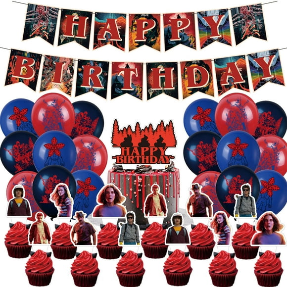 32 Pcs For Stranger Cartoon For Things Themed Birthday Decorations and Party Favors Set Includes Banner,Cake Topper,12 Cupcake Toppers,and 18 Balloons for Celebration Events