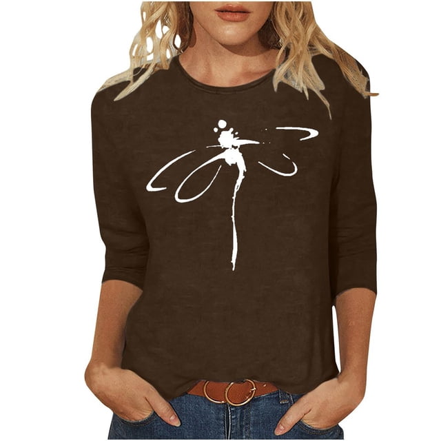 CHOK T-Shirt d'Été à Manches 3/4 Décontracté Motif Libellule pour Femmes Manches Trois-Quarts Chandail Col Rond T-Shirts Unis Tunique Élégante Confortable Marron TTG